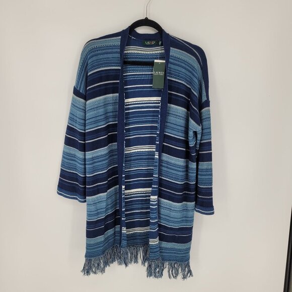 Lauren Ralph Lauren womens Large Blue Stripe knit open front fringe cardigan NWT - Picture 13 of 13